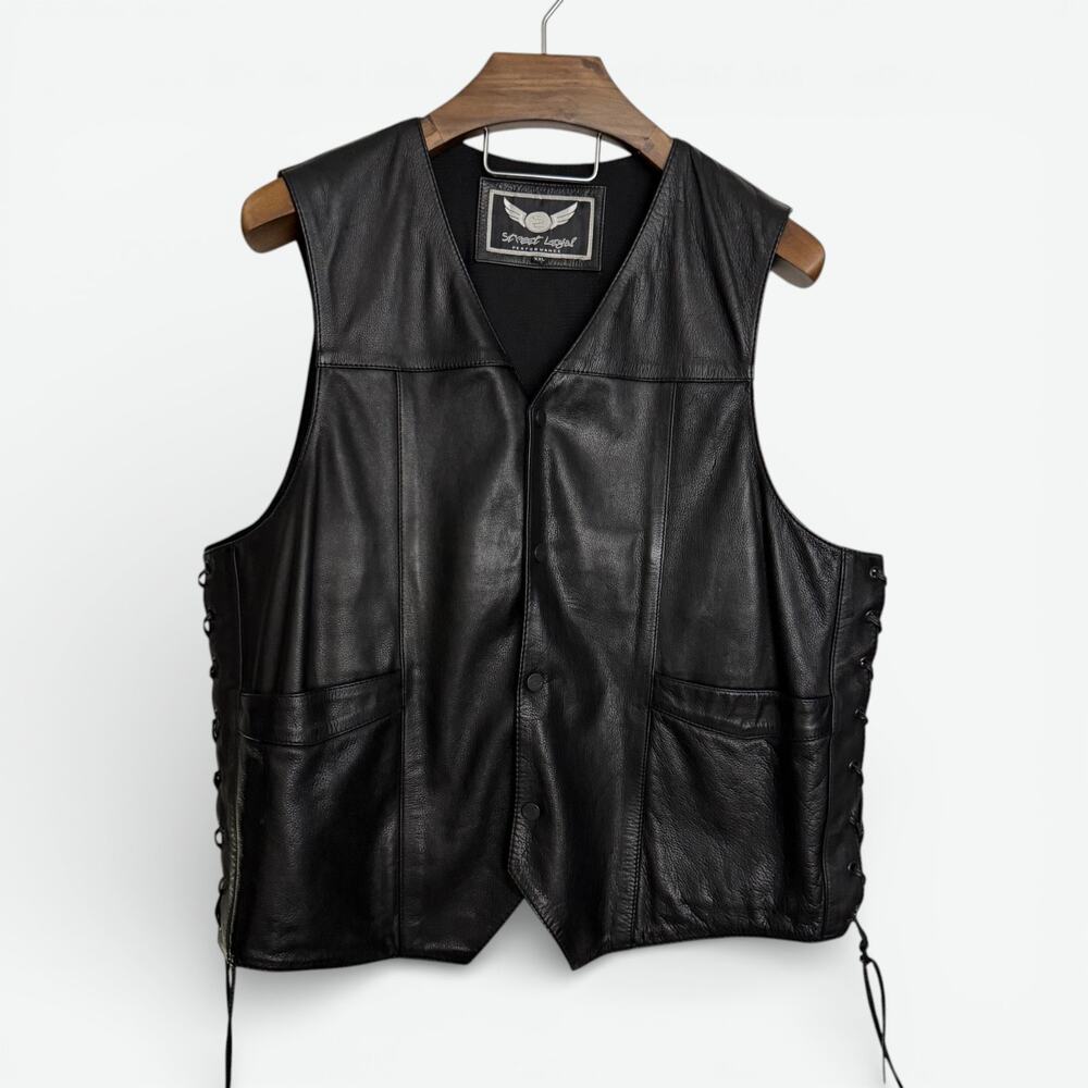 Street Legal Leather Vest Mens XXL Black Club Style Biker Motorcycle Lace Side